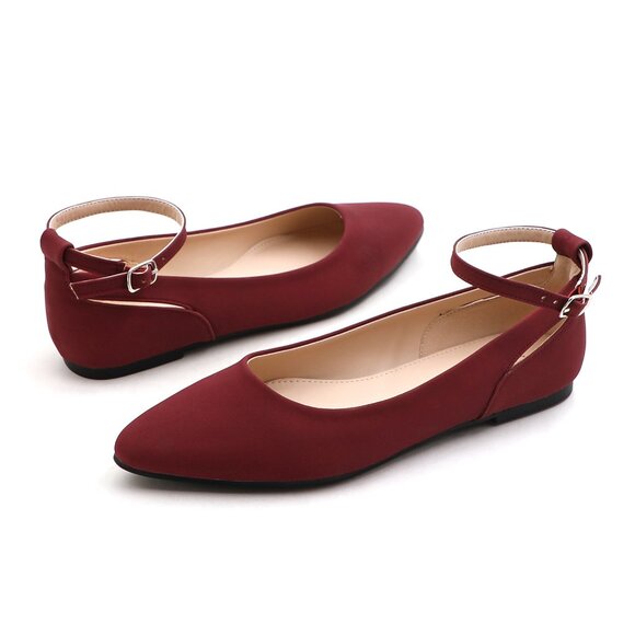 LURNYET Women's WINE NUBUCK Casual Ankle Strap Pointed Toe Ballet Flats Shoes - Picture 2 of 5